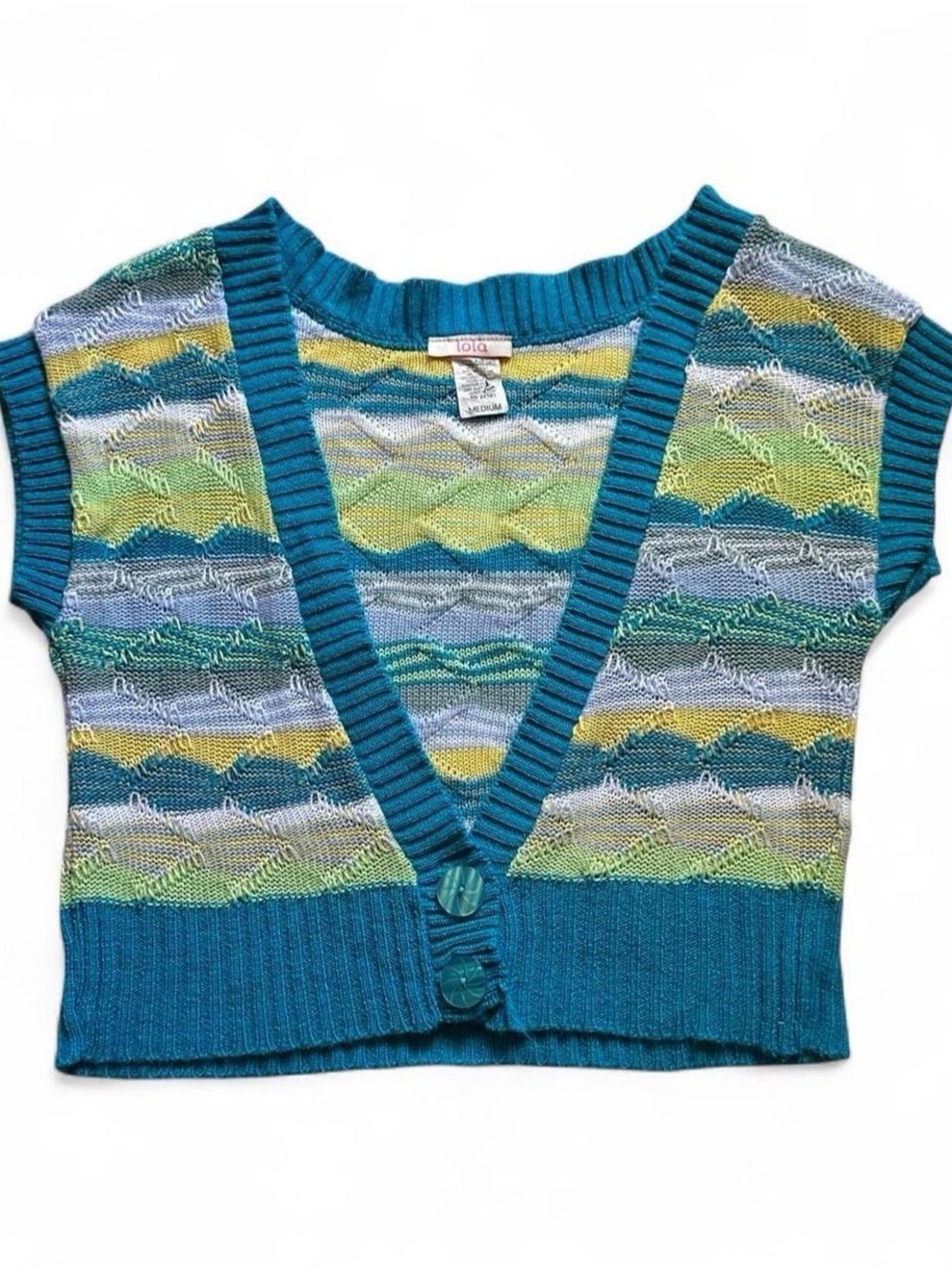 Vintage 90s lola Teal Multicolor Wave Knit Cropped short sleeve Cardigan Small